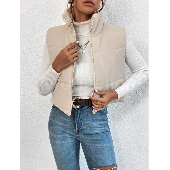Cropped Beige Puffer Vest Zip Up - Picture 5 of 14